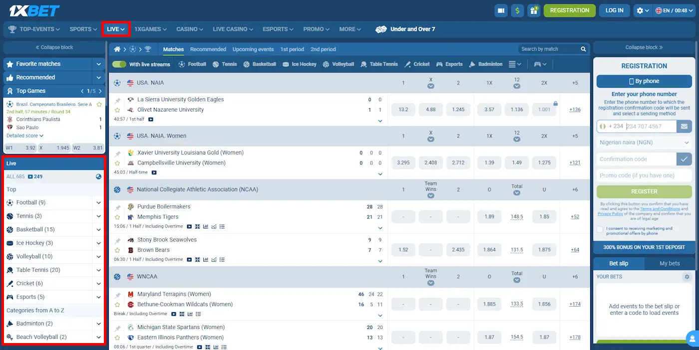 Live Beting 1xBet Desktop Screenshot
